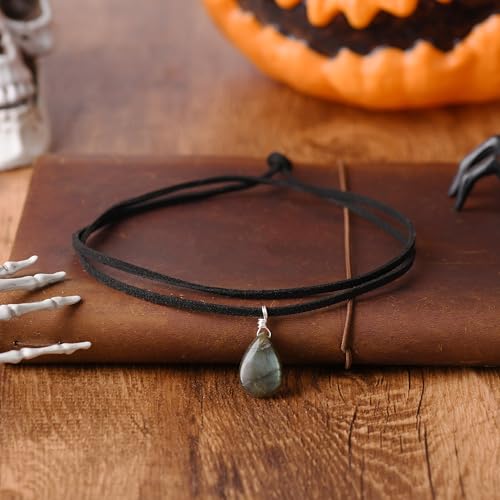 RareLove Black Leather Layering Choker Necklace for Women 925 Sterling Silver Teardrop Labradorite Stone Pendant Healing Crystal Necklace Gothic Boho Anxiety Jewelry
