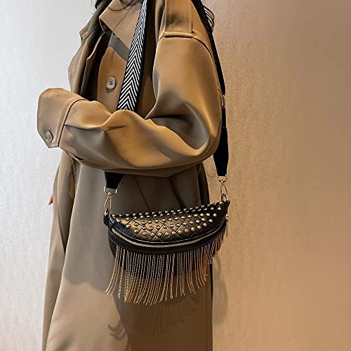 GLT.ETL Fanny Pack Chest Bag For Women Faux leather Fringe Quilted Waist Cross Body Bum Bags Rivet Studded Tassel Purses(Black Gold) - color: Black Gold