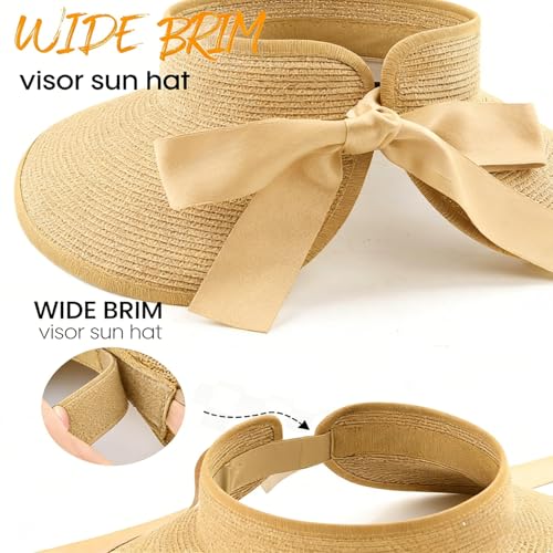 Women's Sun Visor Hats Wide Brim Beach Hat Straw Ponytail Visor Packable Foldable UPF 50+ Floppy Travel Hats - color: Khaki01