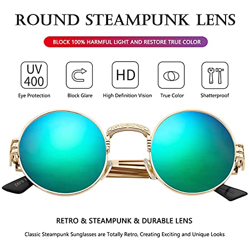 AIEYEZO Round Steampunk Sunglasses for Men Women Retro Circle Hippie Glasses Metal Frame 100% UV Blocking Lens - color: Gold/Green Mirror