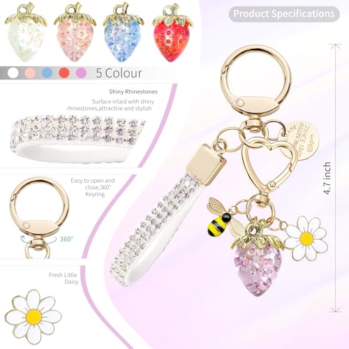 Keychain for Women Girls Bling Heart/Star/Strawberry Key Chain Accessories for Key/Backpack Bag Charm - color: Purple Strawberry