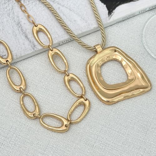 Chunky Gold Necklace for Women, Layered Cross Pendant Pearl Necklace, Stacked Thick Gold Jewelry, Geometric Square Oval Chain, Big Gold Pendant Fashion Accessories - style: Style A