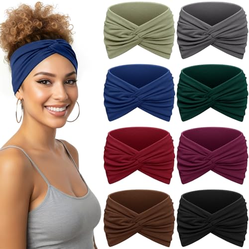 Awumbuk Wide Headbands for Women, 7.08 Inch Thick Boho Turban Style Hair Wraps, Non-Slip Moisture-Wicking Workout Headband for Sports, Yoga, Daily Fashion, 8 Pack Multi Colors (green) - color: green