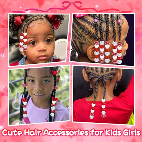 60PCS Red Heart Hair Beads White Clear Round Beads Kids Girls Valentine's Day Loc Jewelry Dreadlock Bead Cute Acrylic Pony Bead Hair Accessories - color: Red&White
