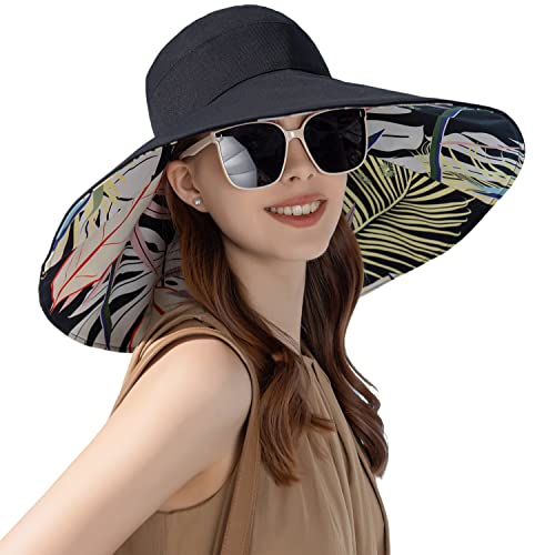 HUAMULAN Women Summer Sun Hat Wide Brim Wired Edge Floral Beach Bucket Hats Reversible Foldable Travel UV Protection Lady Hat - color: Bg8240-black