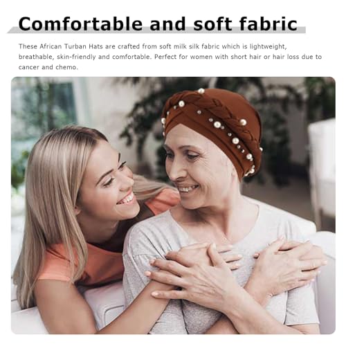 African Women Turban Caps Pre-Tied Twisted Turbans Head Scarf for Women Hair Wraps Cover Beanie Cancer Chemo Headwear - color: 1 Pack Twisted Braid A: Pearls Coffee