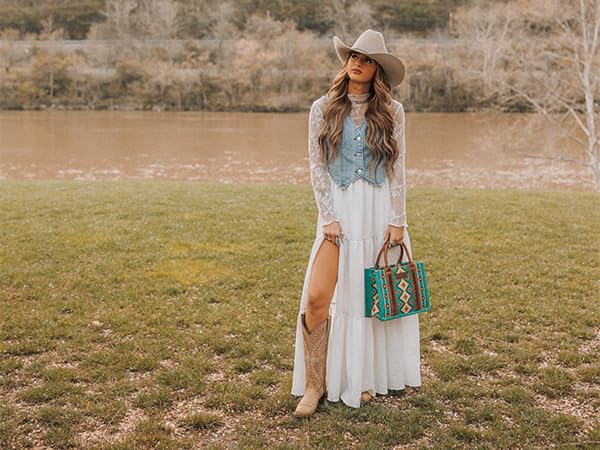 Wrangler Aztec Tote Bag for Women Boho Shoulder Purses and Handbags - color: Angel Diamond Teal Blue (Guitar Strap）