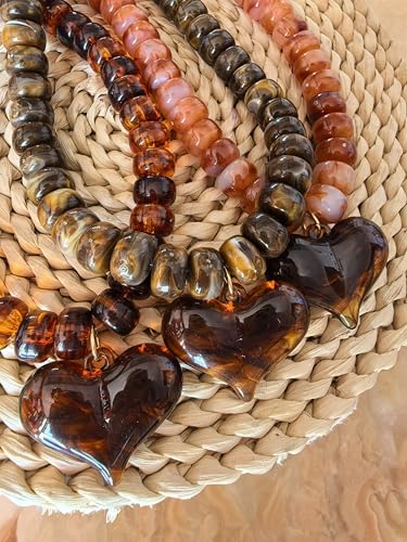 Chunky Colorful Beaded Statement Boho Summer Beach Chokers Necklace Heart Pendant Pink Green Yellow Brown Fashion Jewelry - color: brown3