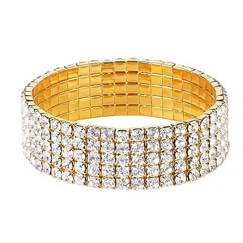 Zealmer Sparkle Multicolor Rhinestone Stackable Stretch Bracelets for Women - color: 5 Row Gold Bracelet