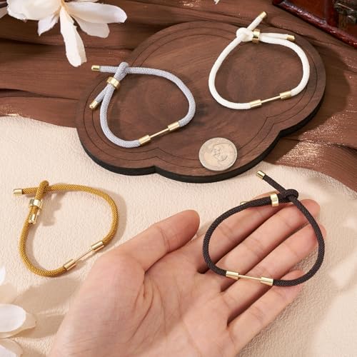 FASHEWELRY 4 Pcs Braided Nylon Cord Bracelet Black Brown White Adjustable Cord Bracelets Woven Friendship Rope Boho Bracelet with Golden End Connector for DIY Jewelry Making (9.45 inch)