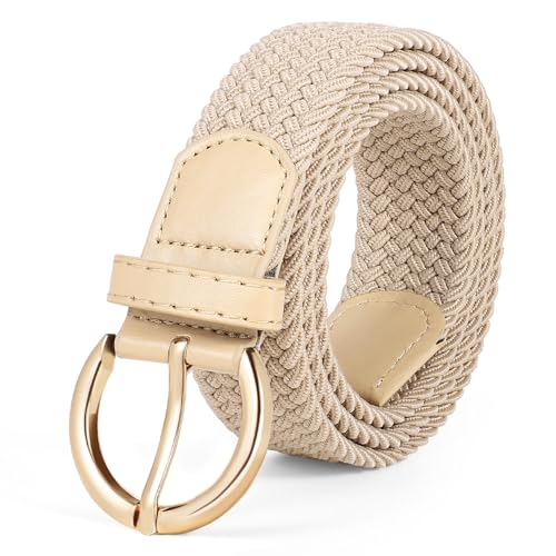 JASGOOD Women Men Braided Woven Elastic Stretch Waist Belt Golf Canvas Fabric Casual Belt for Jeans Pants - color: A-beige, size: Fit Size 42"-45"