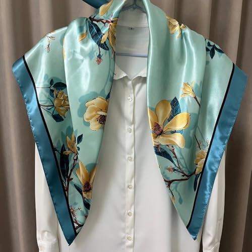 Julunar Silk Like Head Scarf for Women - Satin Large Hair Scarves - 35" Square Silk Hair Wrap for Sleeping with Gift Packed - color: A000-3 Flowers Green