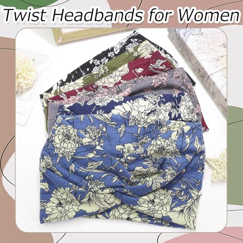 6 Pack Boho Headbands for Women Wide Twist Knotted Flowers Head Wraps Turban Stretchy Leopard Hair Bands Elastic Non-Slip Workout Head Wraps Accessories - color: Boho Flowers
