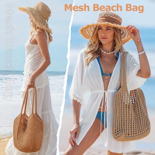 Tavaleu Crochet Tote Beach Bags for Women, Mesh Beach Tote Knit Bag, Summer Vacation Aesthetic Boho Hobo Shoulder Bag - color: Dark Khaki - Grid
