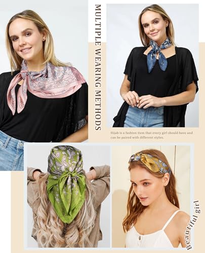 AWAYTR 27.5” Silk Satin Square Head Scarf - 4PCS Satin Head Scarves for Women Hair Kerchief Bandanas Sleeping Head Wraps - color: Paisley(pink/Green/Blue/Gold)