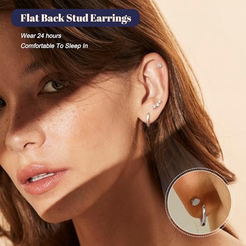FUNRUN JEWELRY Stud Earrings for Women Trendy-14K Gold Plated Earring Studs Set Hypoallergenic Flatback Stud Earrings Small Dainty Sterling Silver Earring Stacks for Sensitive Ears - style: Silver Earring Stack