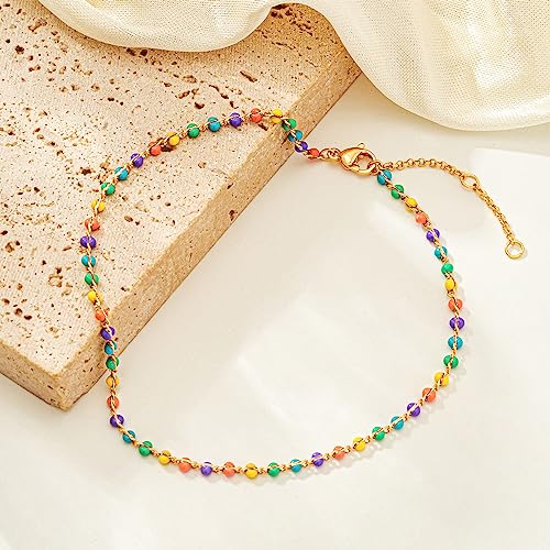 MTMY Gold Anklets for Women 14K Gold Plated Tiny Bead Anklet Colorful Tassel Foot Chain Dainty Adjustable Cute Summer Beach Boho Anklets Jewelry Gift - style: colorful beads