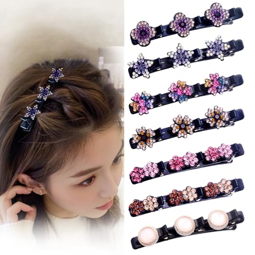 Hair Clips for Styling - 7PCS Crystal Stone Braided Hair Clips, Double-Layer Star and Flower Clips for Women and Girls, Sparkling Rhinestone Duckbill Clips, Non-Slip Hair Accessories (FlaSloth)