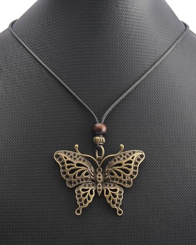 PU Leather Necklace Vintage Boho Style Multilayer Pendant Long Sweater Necklace Jewelry for Women Men with Adjustable Leather Cord - color: Antique Gold Butterfly Necklace