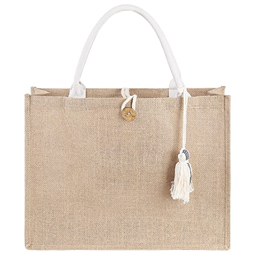 itgowisa Jute Beach Bag for Women, Burlap Beach Tote Bag with Tassel Pocket, Summer Gift for Vacation, Pool, Cruise & Grocery | Jute material - color: Plaid Tassel