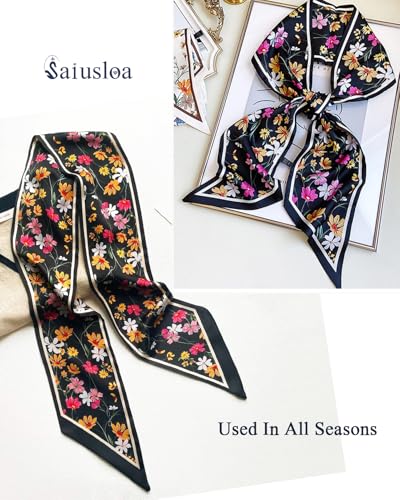 Purse Scarf For Handbags Head Scarves For Women's Hair Bags Scarfs Long Skinny Scarves Fashion Silky - color: A1-black Flower