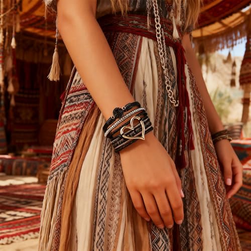 Long tiantian Leather Bracelets for Women Warp Bracelet Stackable Boho Layered Bracelet Chunky Heart Trendy Birthday Gifts for Her - color: A7:bracelet for woman