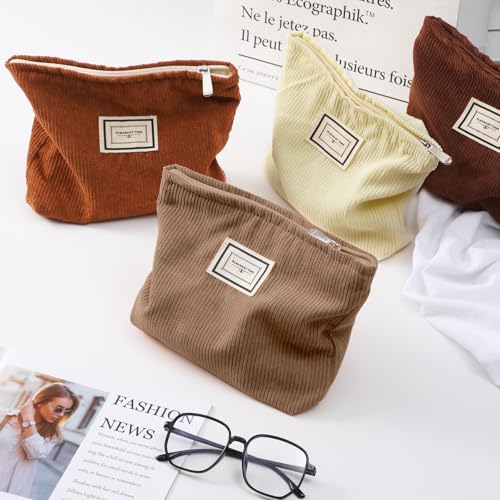 Sanwuta 4 Pack Velvet Makeup Bag Cosmetic Bag for Women Large Capacity Corduroy Pouch Zipper Canvas Travel Toiletry Purse Make up Organizer Case Accessories(Dark Color,Plaid) - color: Dark Color