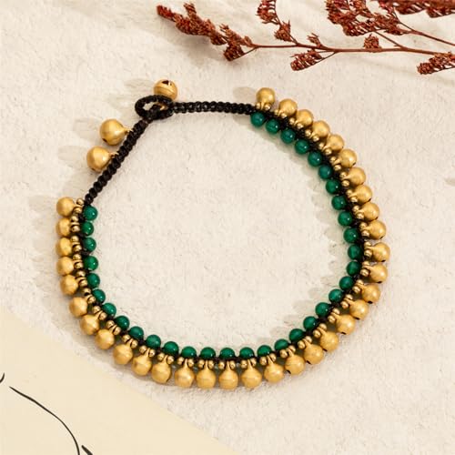 Jingling Round Stone Brass Anklet Bracelet Handmade Boho Ankle Bracelets for Women Minimalist Jewelry - color: green