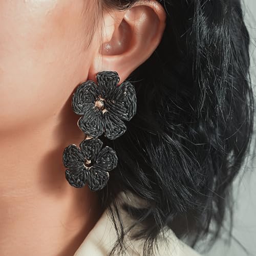 Boho Flower Earrings Statement Raffia Dangle Earrings Cute Floral Jewelry Trendy Summer Beach Vacation Outfits for Women - color: Black