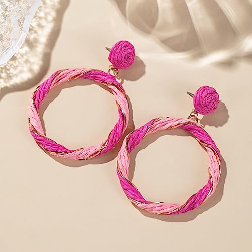 Boho Raffia Hoop Dangle Earrings Twisted - Statement Rattan Round Geometric Earrings For Summer Beach Vacation - color: HOT PINK