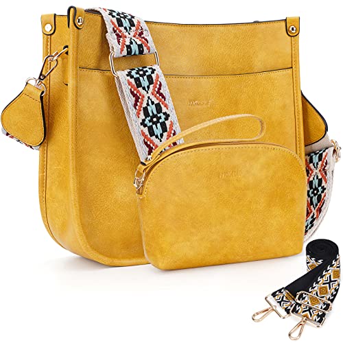 HKCLUF Crossbody Bag Purse for Women 2PCS/Set Leather Hobo Handbag Wallet Set With 2Adjustable Guitar Strap Shoulder Bag | Purse - color: A16-yellow