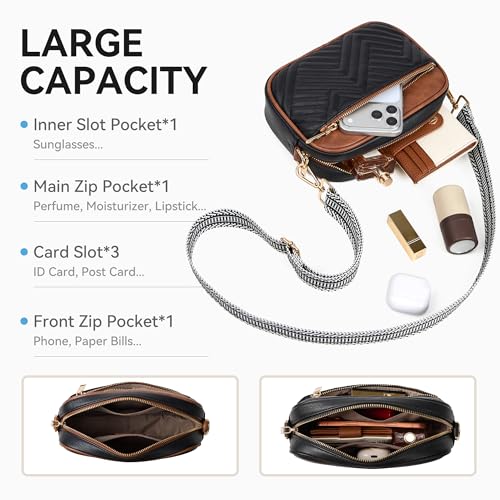 BOSTANTEN Quilted Crossbody Bags for Women Vegan Leather Purses Shoulder Handbags with Wide Strap - color: Black&brown