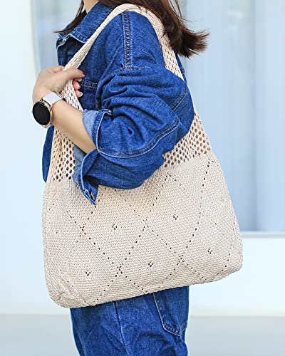 Crochet Mesh Beach Tote Shoulder Handbags Hobo Summer Aesthetic Women's Bag - color: Beige2