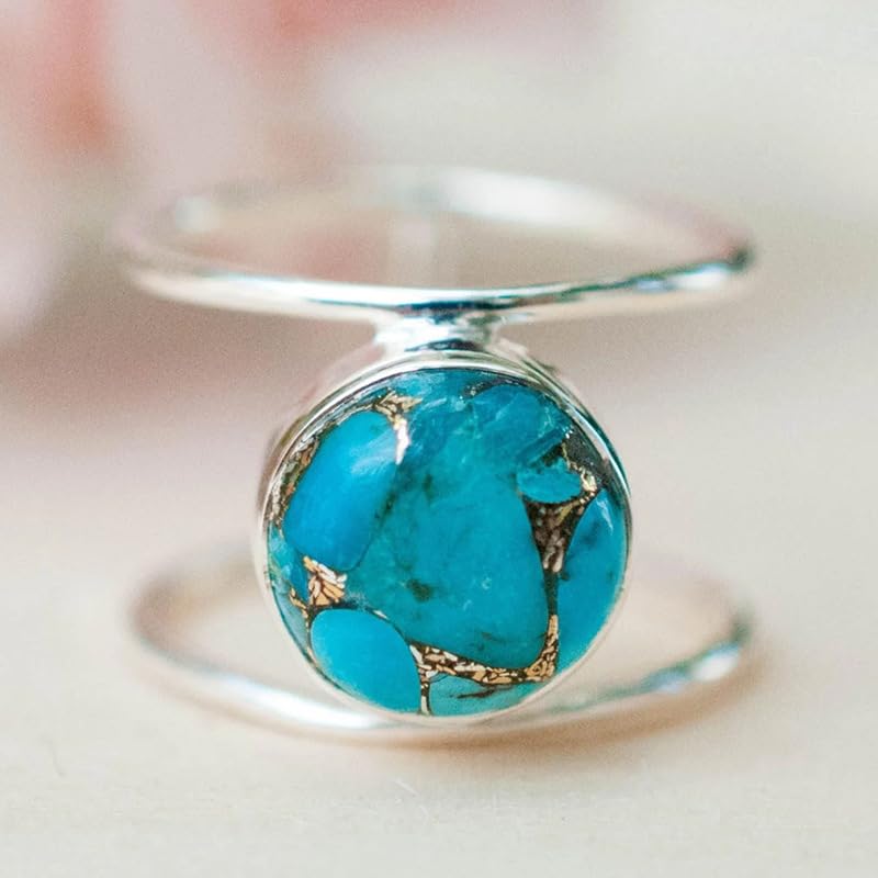 14K Gold Plated Statement Ring for Women Simulated Blue Turquoise Boho Simple Minimalist Jewelry 925 Silver Plated Gem Women's Ring Bohemian Jewelry Handmade Simple Ring S-9# - color: silver, size: 9#