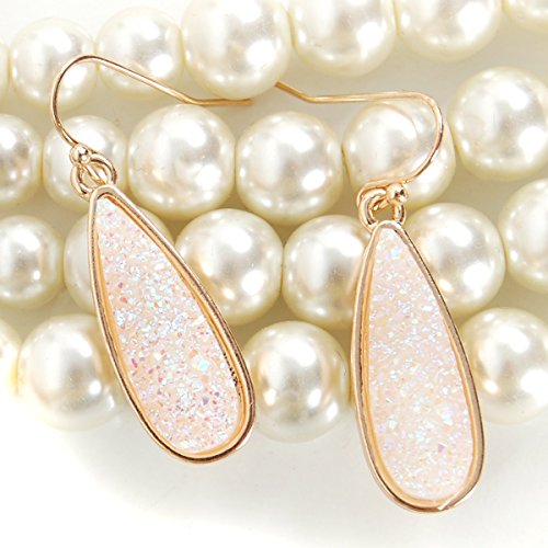 Teardrop Dangle Earrings for Women with Simulated Druzy Stones, in Gold or Rose Gold Tone - color: Gold - White Created Opal
