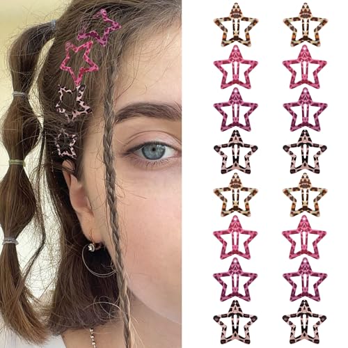 Star Hair Clips Snap Hair Barrettes Non Slip Star Hair Accessories Leopard Colors Metal Hair Clips for Girls Women -16 PCS - Red - color: 16 P - Leopard Colors-Red