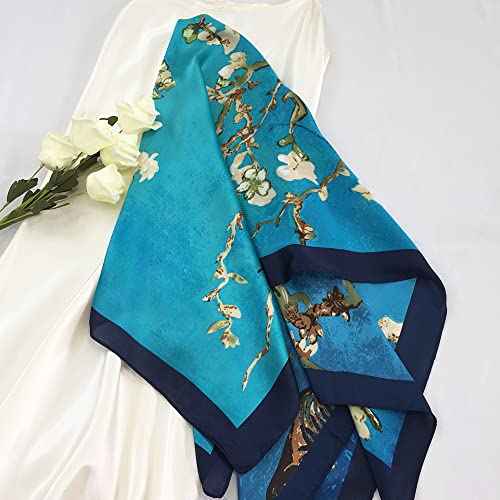 Julunar Silk Like Head Scarf for Women - Satin Large Hair Scarves - 35" Square Silk Hair Wrap for Sleeping with Gift Packed - color: A005-1 Floral Blue