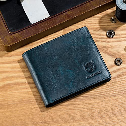BULLCAPTAIN RFID Wallets for Men,Genuine Leather Wallet QB-05(Peacock Blue) | Slim,Bifold,Front Pocket Wallet, 2 ID Windows,11 Card Slots,RFID Blocking Technology,Gift Choice - color: Peacock Blue