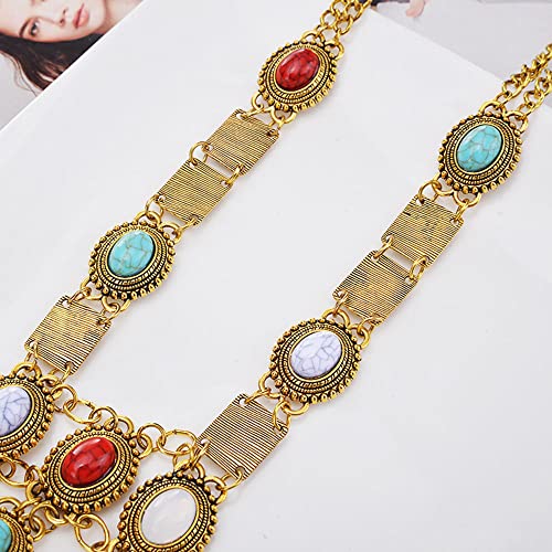 Asphire Bohemian Long Tassel Necklace Vintage Colorful Gemstone Turquoise Necklace Nepal Tibetan Ethnic Exaggerated Statement Accessories for Women and Girls - color: Gold