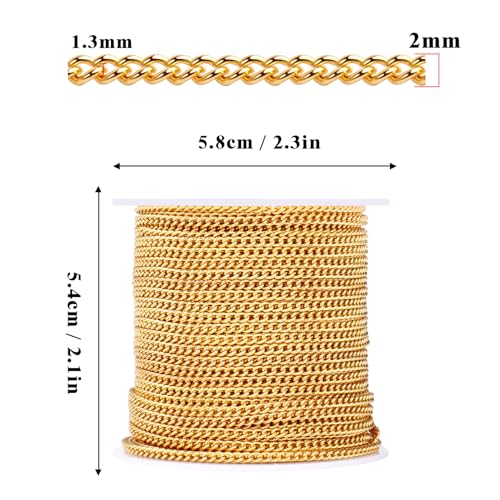 [66 Feet/ 20M] 18K Gold Plated Stainless Steel Curb Chain, 2mm 304 Stainless Steel Flat Twisted Links Curb Chains Bulk for Jewelry Making Necklace DIY Craft - color: Gold Color, size: 2.0mm width