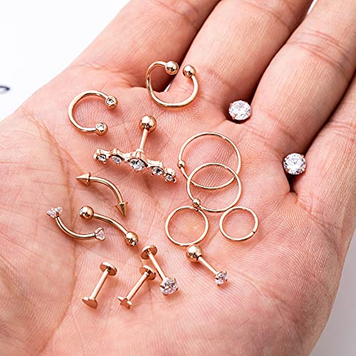 REVOLIA 32Pcs Stainless Steel Cartilage Stud Earrings for Women Conch Helix Tragus Daith Conch Hoop Earing Piercing Jewelry Set - color: Rose-Gold tone