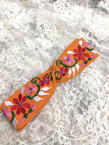 FANFAN Boho Flower Headband Orange Embroidered Elastic Hair Band One Size E9 (Orange, One Size) - color: Orange