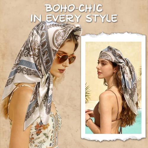 Large Square Head Scarf Bandana - 35" Satin Hair Scarf for Women Like Silk Scarf Fashion Hair Wrapping - color: Filigree Frame(white/Blue), size: 35IN*35IN