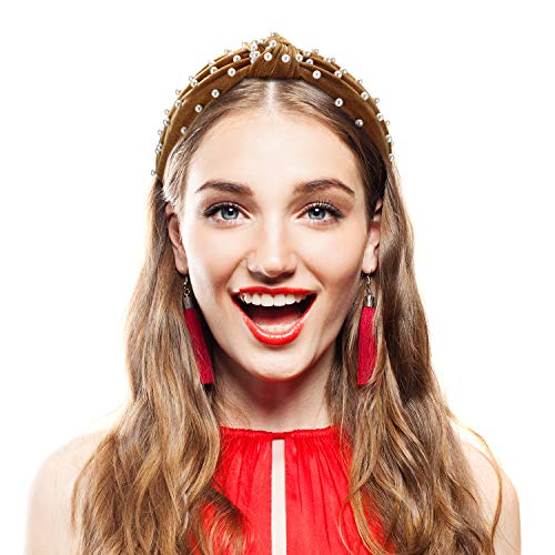 WILLBOND 3 Pieces Pearls Headband Knotted Headband for Women Velvet Pearls Hairband for Woman Hair Accessories - color: Black, Gold, Beige