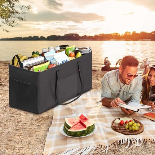 LHZK 2 Pack Extra Large Utility Tote Bag with Metal Wire Frame and the Sides Rinforced, Extra Large Tote Bag with Handle, Reusable Grocery Bags Foldable, Beach Bag, Car Tote (Black, 26''x15''x13'') - color: Black, size: 26''x15''x13''-2 Pack