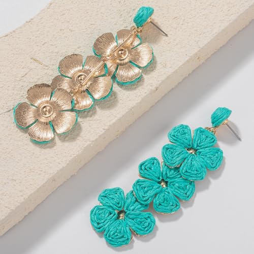 Boho Flower Earrings Statement Raffia Dangle Earrings Cute Floral Jewelry Trendy Summer Beach Vacation Outfits for Women - color: Teal-2