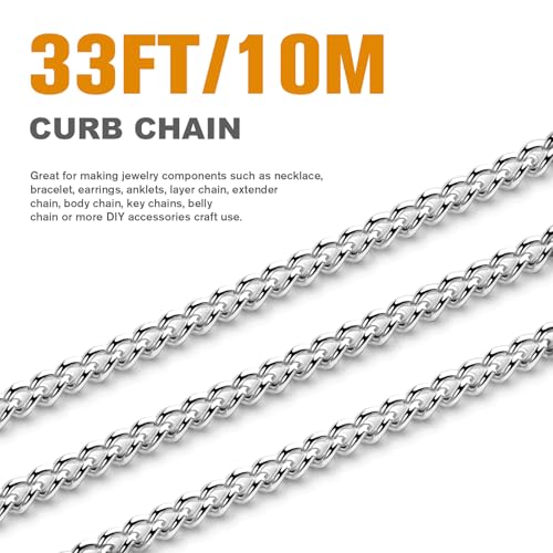 33FT Stainless Steel Curb Chain Roll, 6mm 304 Stainless Steel Flat Twisted Links Curb Chains Bulk Spool for Jewelry Making Necklace DIY Craft - color: Stainless Steel, size: 6.0mm width