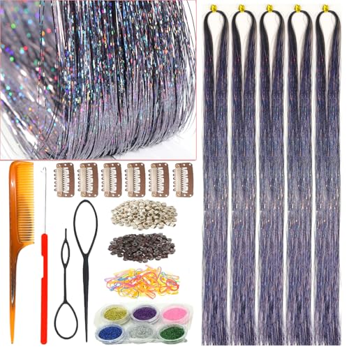 Celinebella Charcoal Grey Hair Tinsel, 48" 1250 Strands Smoky Shimmer | Unique smoky gunmetal gray with cool blue undertones, trendy edgy, heat resistant, for fashion daily wear - color: 18-Gunmetal Holographic, size: 48 Inch Pack of 5Pcs