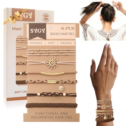6 PCS Hair Ties Bracelets for Women, Stretch Bracelets, Boho Hair Ties for Thick & Thin Hair, Elastic Hair Bands That Double as Stylish Jewelry, Dual-Use Ponytail Holders, Sun