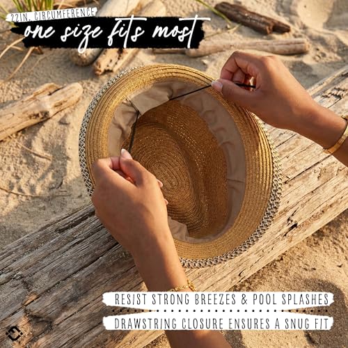 Funky Junque Straw Fedora Hats for Women - UPF 50+ Sun Hat, Short Brim Packable Beach Hat with Woven Pattern - color: Brown
